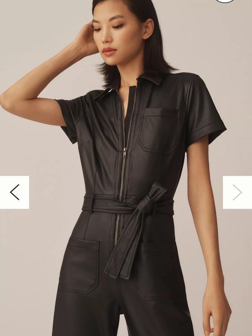 Anthropologie Black Faux-Leather Short-Sleeve Zip Jumpsuit with Tie Belt